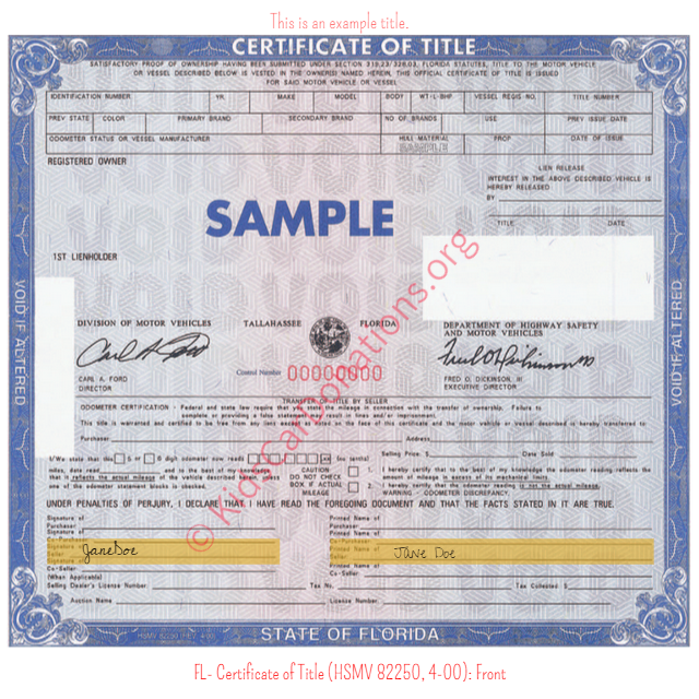 This is an Example of Florida Certificate of Title (HSMV 82250, 4-00) Front View | Kids Car Donations